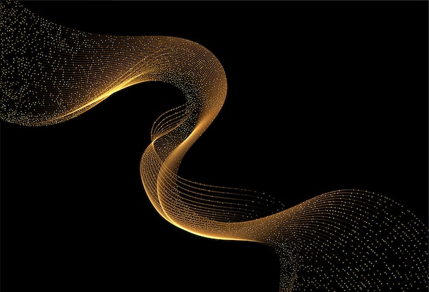 Ondas de oro abstractas. Elemento de diseño de líneas móviles doradas brillantes con efecto brillo sobre fondo oscuro para tarjetas de felicitación y cupones de descuento.
