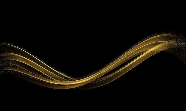 Ondas de oro abstractas elemento de diseño de líneas móviles de oro brillante con efecto de brillo sobre fondo oscuro para tarjetas de felicitación y cupones de descuento