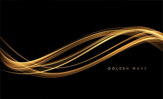 Ondas de oro abstractas elemento de diseño de líneas móviles de oro brillante con efecto de brillo sobre fondo oscuro para tarjetas de felicitación y cupones de descuento