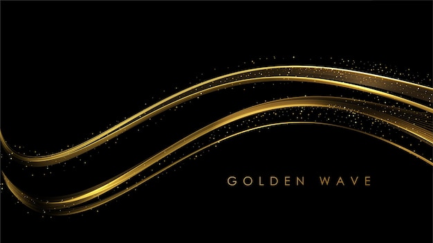 Ondas de oro abstractas elemento de diseño de líneas móviles de oro brillante con efecto de brillo sobre fondo oscuro para tarjetas de felicitación y cupones de descuento