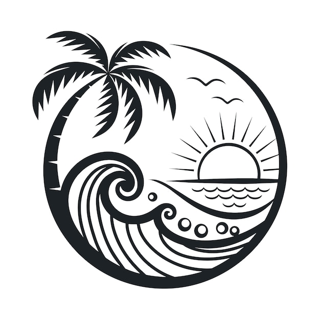Ondas de palmeras swa y puesta de sol en diseño circular ilustración de logotipo plano vectorial