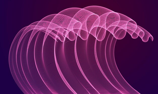 Ondas de partículas mágicas dinámicas que fluyen sobre textiles de tul oscuros y transparentes en el viento. Fondo abstracto de vector de curvas punteadas. Hermoso conjunto de puntos combinados en forma de onda 3d.