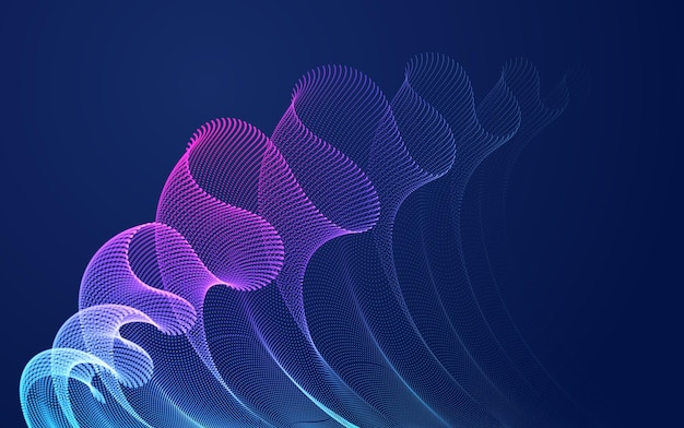 Ondas de partículas mágicas dinámicas que fluyen sobre textiles de tul oscuros y transparentes en el viento. Fondo abstracto de vector de curvas punteadas. Hermoso conjunto de puntos combinados en forma de onda 3d.