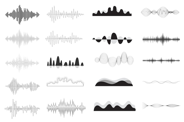 Ondas de sonido en diferentes formas establecen elementos aislados Conjunto de líneas de vibración y ondulación