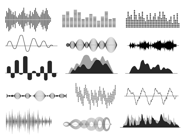 Ondas de sonido Forma de onda de frecuencia de audio de onda de música Voz de radio y símbolo de banda sonora Señales abstractas de onda de sonido conjunto de vectores aislados Ilustración voz de sonido frecuencia digital radio onda de sonido música