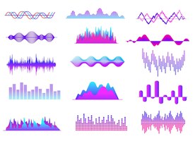 Vector ondas de sonido ondas de música de color sintonización de audio pulso de forma de onda curvas de banda sonora de voz de radio conjunto de vectores de señales de volumen abstracto de onda de sonido ilustración de onda de sonido y curva de frecuencia de onda de banda sonora