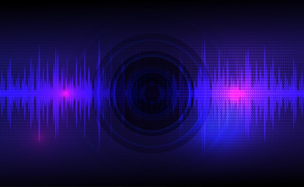 Ondas de sonido que oscilan en azul oscuro y rosa claro con un patrón de puntos de vibración circular