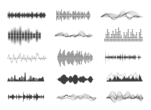 Ondas de sonido Sonidos musicales pistas de ondas negras Iconos de forma de onda de impulso de música Pista de audio de radio de voz Colección de vectores de amplitud de señal exacta