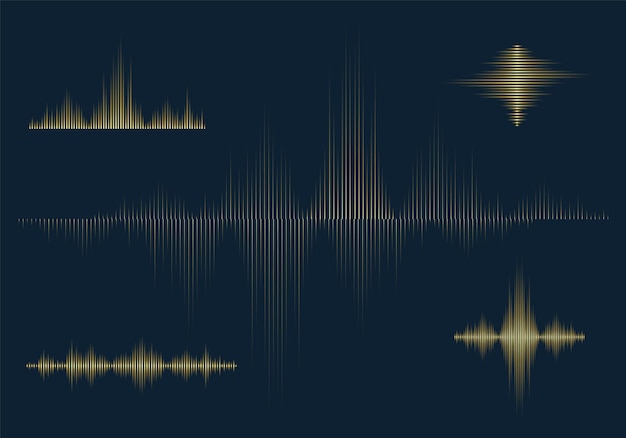 Ondas de sonidos dorados sobre fondo oscuro ecualizador de líneas doradas forma de onda musical