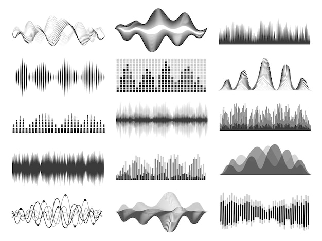 Ondas sonoras. Frecuencia de onda sonora de música gráfica. Líneas de pulso, ecualizador de radio, registro de voz u onda de impulso. Conjunto de vector de gráfico de reproductor de audio. Barra de banda sonora fluida con curvas en estudio o club