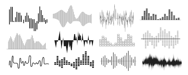Ondas sonoras mega conjunto en diseño gráfico plano Colección de elementos de línea negra abstracta volumen de música y líneas de audio afinación ecualizador visualización símbolo de señal de frecuencia de voz Ilustración vectorial