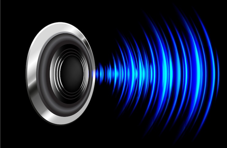 Vector las ondas sonoras oscilan la luz azul oscuro, el altavoz