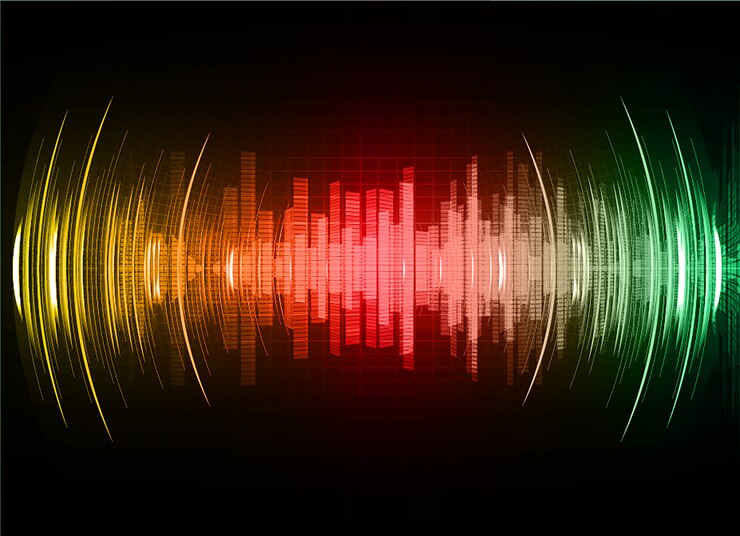 Vector ondas sonoras oscilantes verde oscuro luz roja