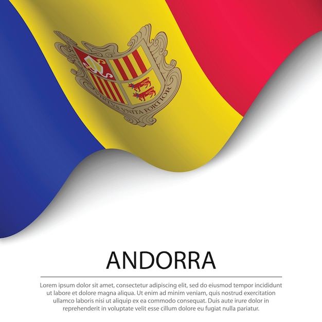 Ondeando la bandera de Andorra sobre fondo blanco. Plantilla de vector de banner o cinta para el día de la independencia