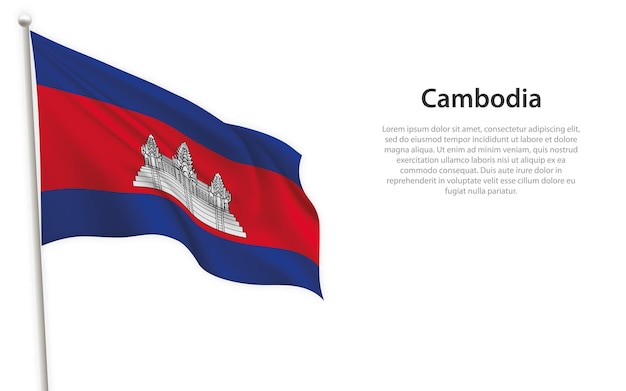 Ondeando la bandera de Camboya sobre fondo blanco Plantilla para el diseño del cartel del día de la independencia