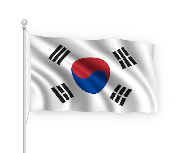 Ondeando la bandera de corea del sur en el asta de la bandera aislado en blanco