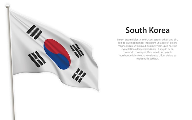 Ondeando la bandera de Corea del Sur sobre fondo blanco Plantilla para el diseño del cartel del día de la independencia