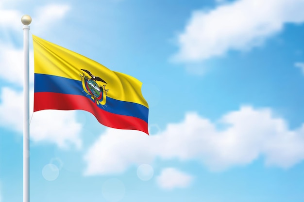 Ondeando la bandera de Ecuador sobre el fondo del cielo Plantilla para el diseño del cartel del día de la independencia