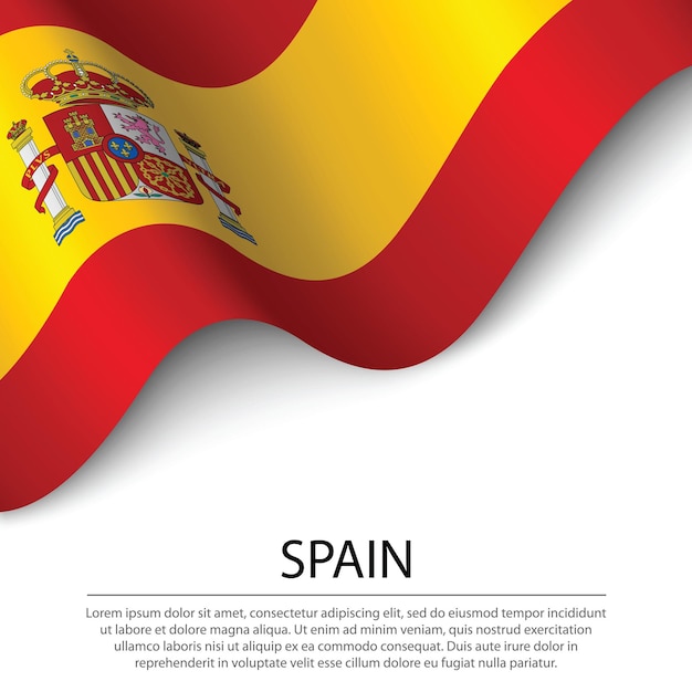 Ondeando la bandera de españa sobre fondo blanco. plantilla de vector de banner o cinta para el día de la independencia