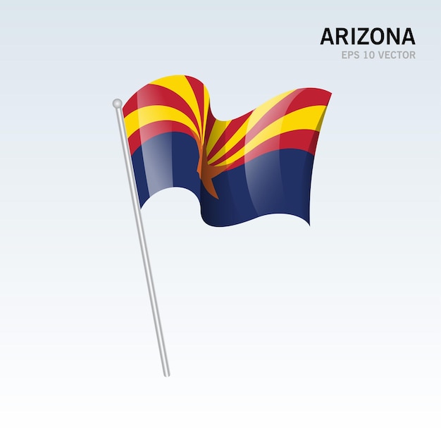 Ondeando la bandera del estado de arizona de los estados unidos de américa sobre fondo gris