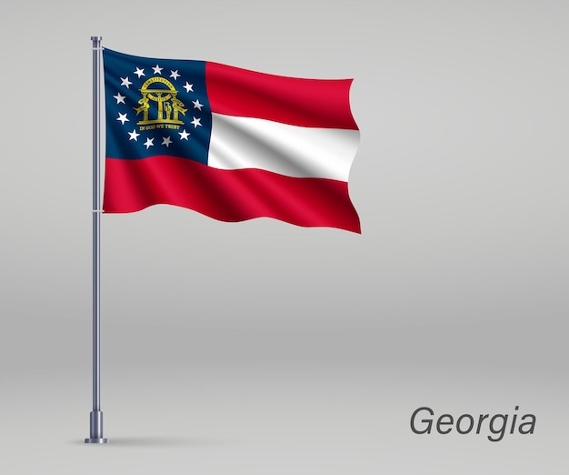 Ondeando la bandera del estado de georgia de los estados unidos en el asta de la bandera plantilla para el diseño del cartel del día de la independencia