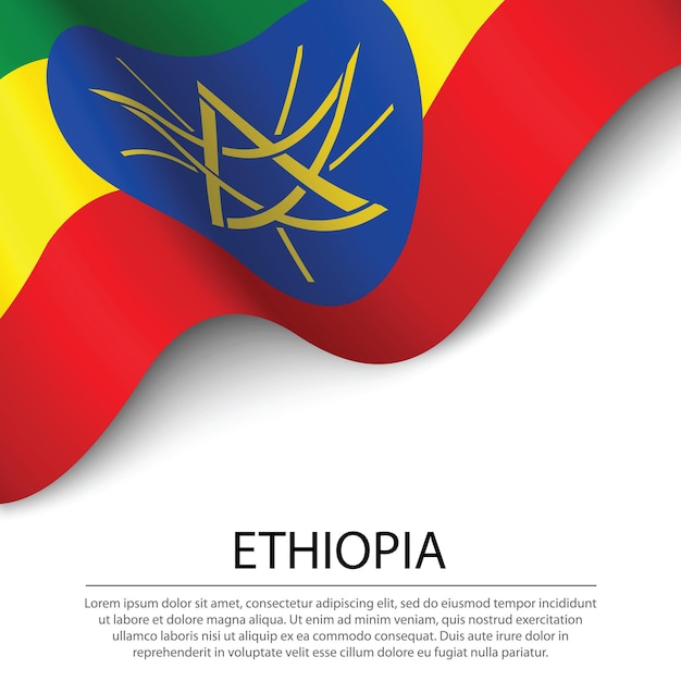 Ondeando la bandera de Etiopía sobre fondo blanco. Plantilla de vector de banner o cinta para el día de la independencia