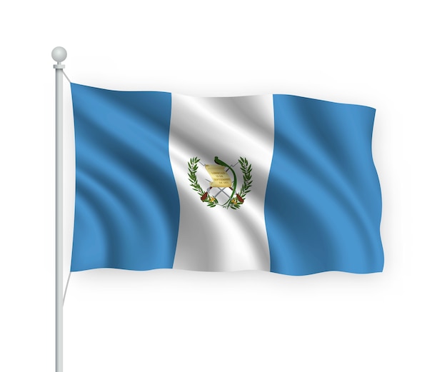 Ondeando la bandera de Guatemala en el asta de la bandera aislado en blanco