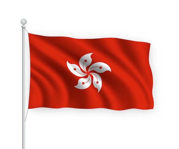Ondeando la bandera de Hong Kong en el asta de la bandera aislado en blanco