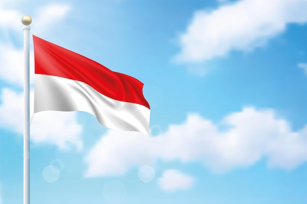 Ondeando la bandera de Indonesia sobre el fondo del cielo Plantilla para el diseño del cartel del día de la independencia