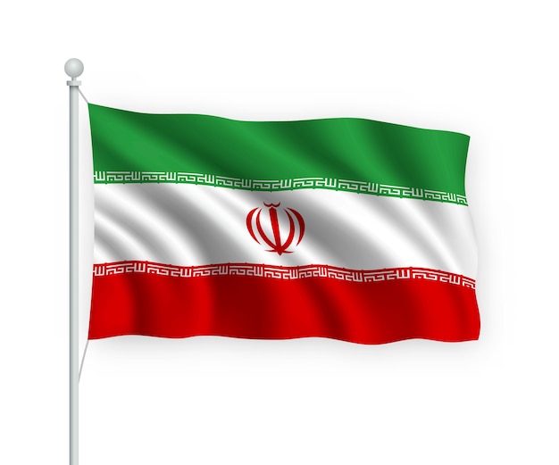 Ondeando la bandera de Irán en el asta de la bandera aislado en blanco