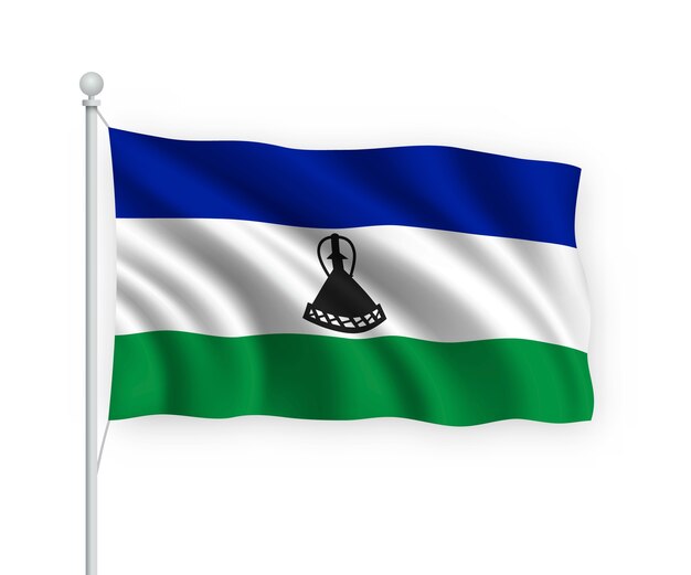 Ondeando la bandera de Lesotho en el asta de la bandera aislado en blanco