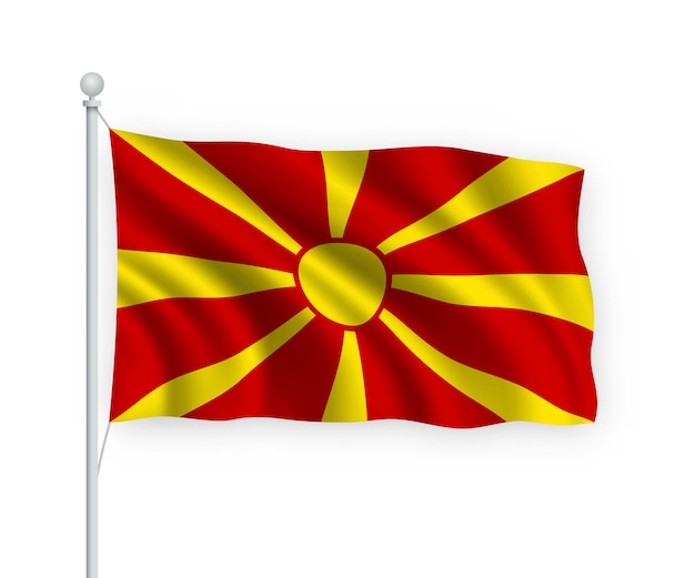 Ondeando la bandera de Macedonia del Norte en el asta de la bandera aislado en blanco