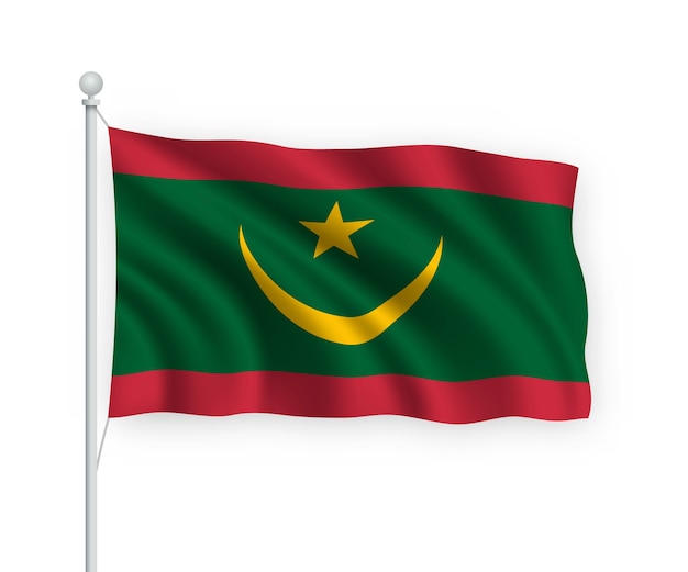 Ondeando la bandera de Mauritania en el asta de la bandera aislado en blanco