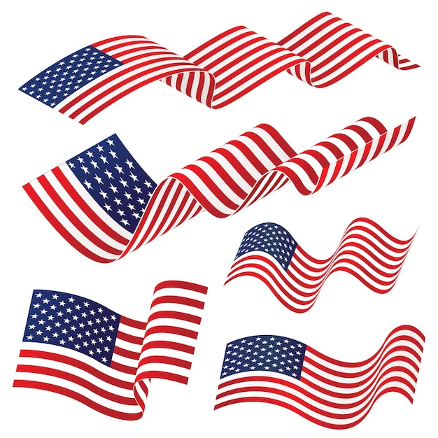 Ondeando la bandera nacional estadounidense aislado sobre fondo blanco, Vector