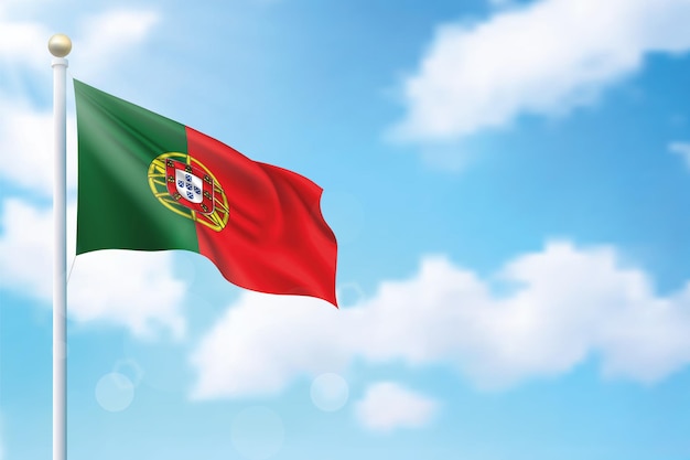 Ondeando la bandera de Portugal sobre el fondo del cielo Plantilla para el diseño del cartel del día de la independencia