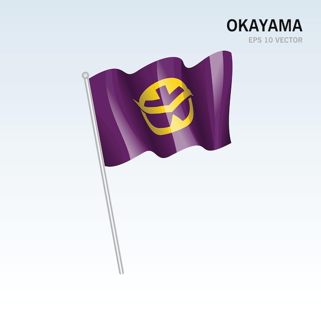 Ondeando la bandera de las prefecturas de okayama de japón aislado sobre fondo gris