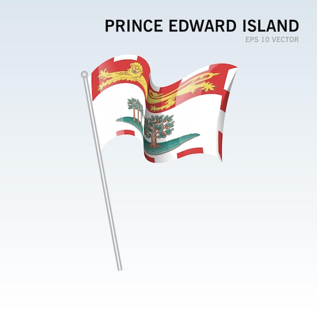Ondeando la bandera de las provincias de la Isla del Príncipe Eduardo de Canadá aislado sobre fondo gris