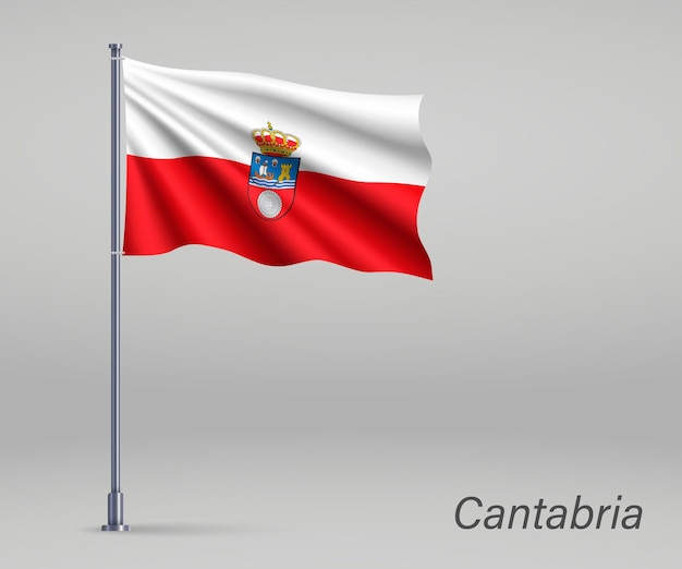 Ondeando la bandera de la región de cantabria de españa en el asta de la bandera plantillas
