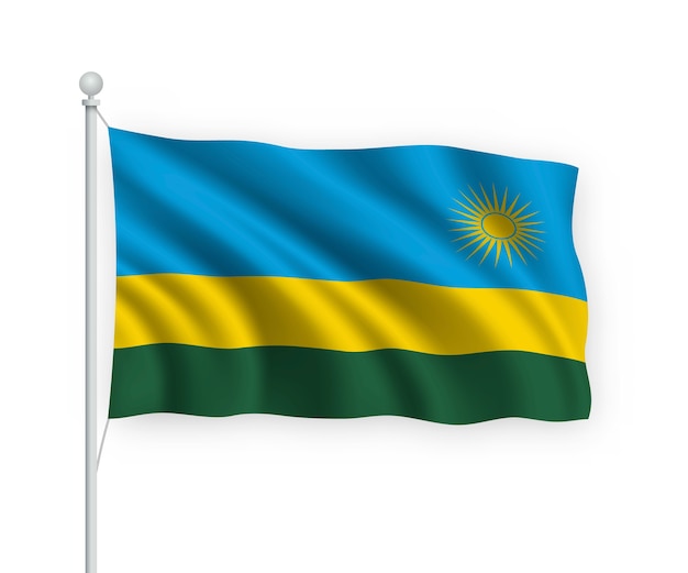 Ondeando la bandera de Ruanda en el asta de la bandera aislado en blanco