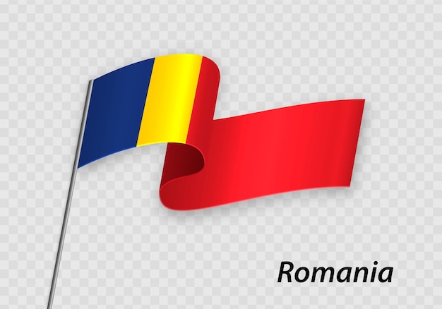 Ondeando la bandera de rumania en el asta de la bandera plantilla para el día de la independencia