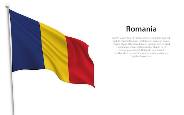 Ondeando la bandera de Rumania sobre fondo blanco Plantilla para el diseño del cartel del día de la independencia