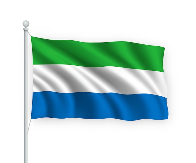 Ondeando la bandera de Sierra Leona en el asta de la bandera aislado en blanco