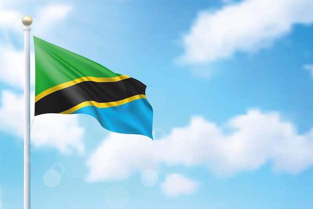 Ondeando la bandera de Tanzania sobre el fondo del cielo Plantilla para el diseño del cartel del día de la independencia