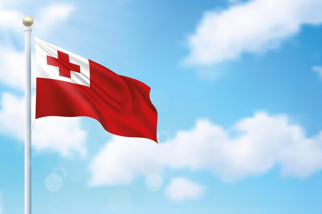 Ondeando la bandera de Tonga sobre el fondo del cielo Plantilla para el diseño del cartel del día de la independencia