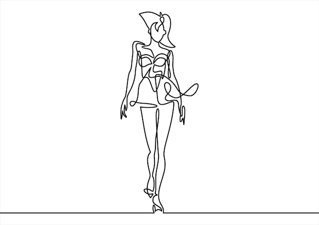 One line art mujer en vestido dibujo. mujer con sombrero vector. logotipo femenino.