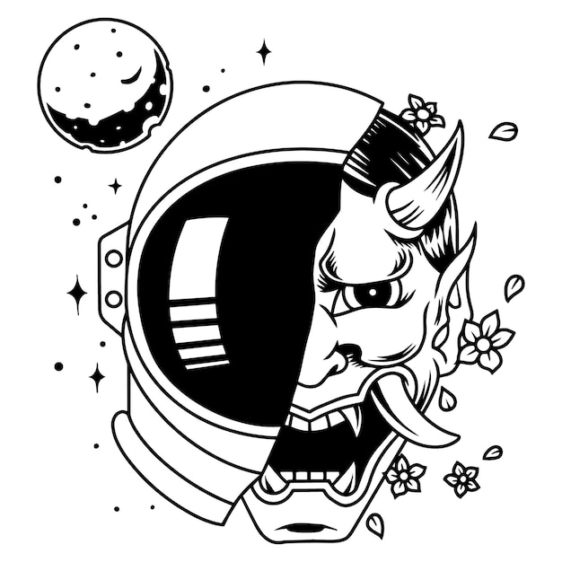 Oni máscara astronauta timón para colorear libro ilustración vector