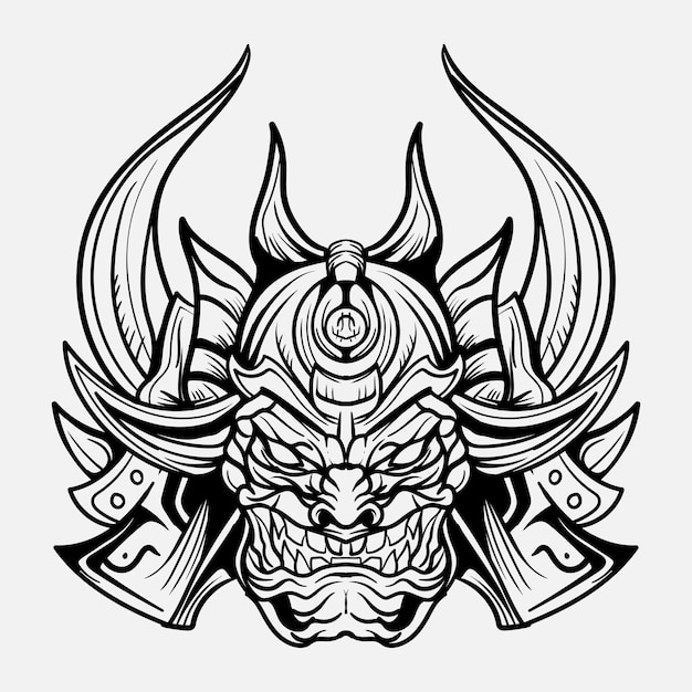 Oni Monster Mask Japanase samurai en marco grabado en blanco y negro tatuaje y ropa de camiseta