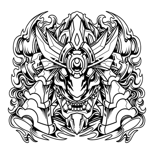 Oni samurai head mascot logo line art