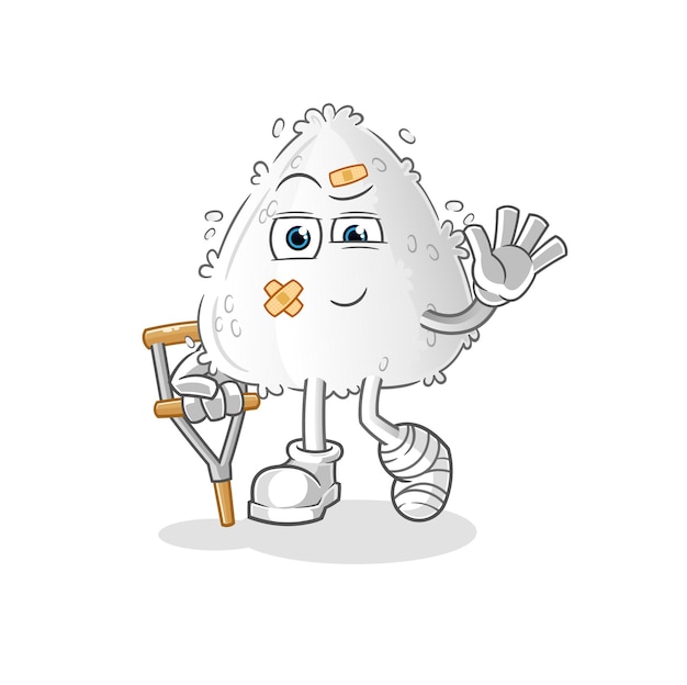Onigiri enfermo con vara cojeando. vector de mascota de dibujos animados
