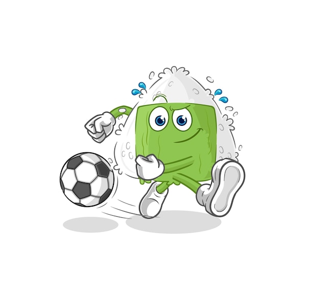 Onigiri pateando el vector de mascota de dibujos animados de dibujos animados de pelota